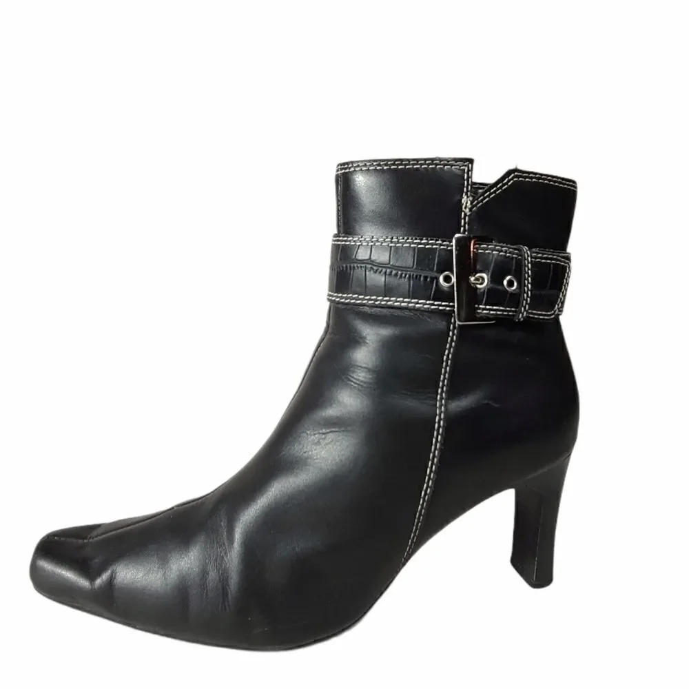 Predictions Black Leather Ankle Heel Boots